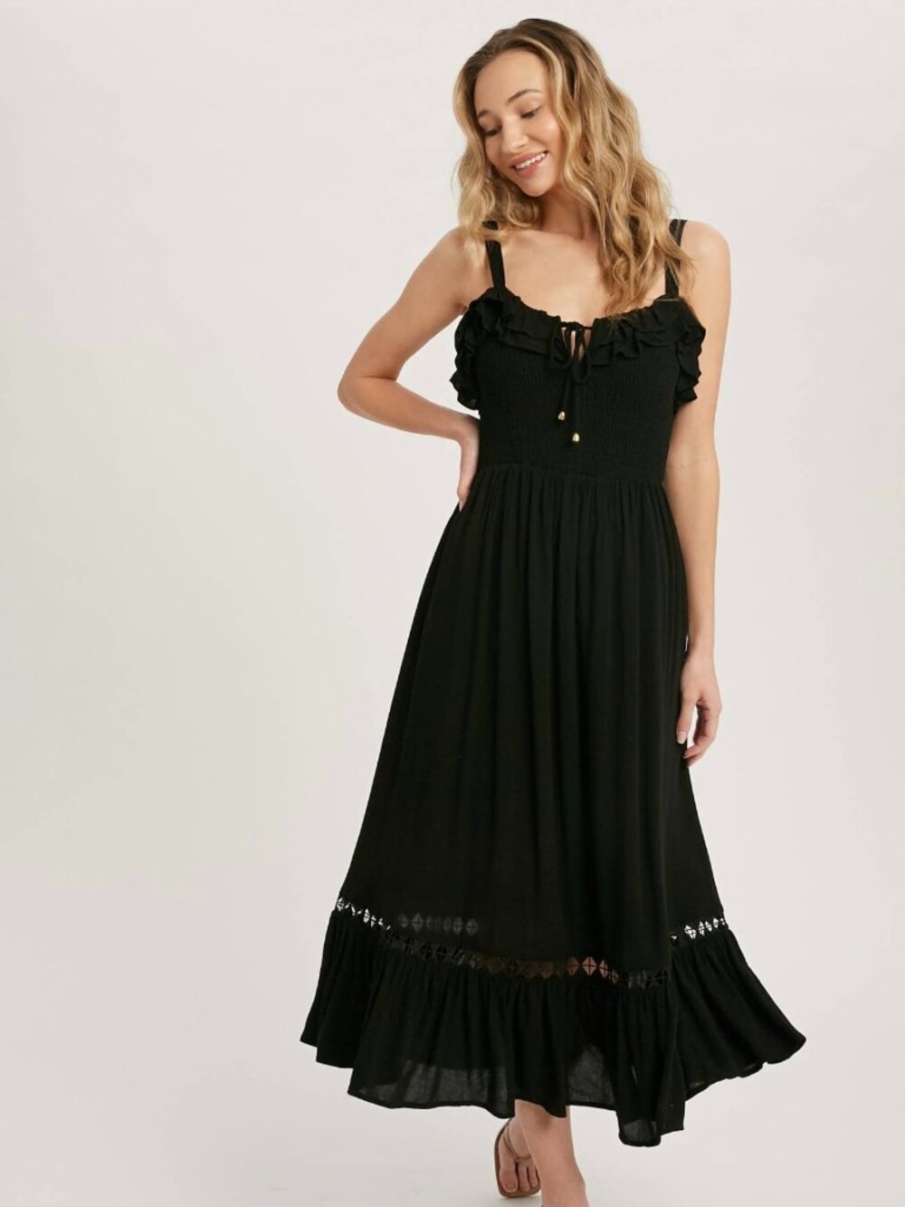 D17-Frill Smocked Midi Dress